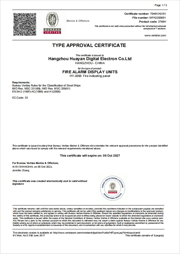 BV Type Approval Certificate for Fire Display Panel